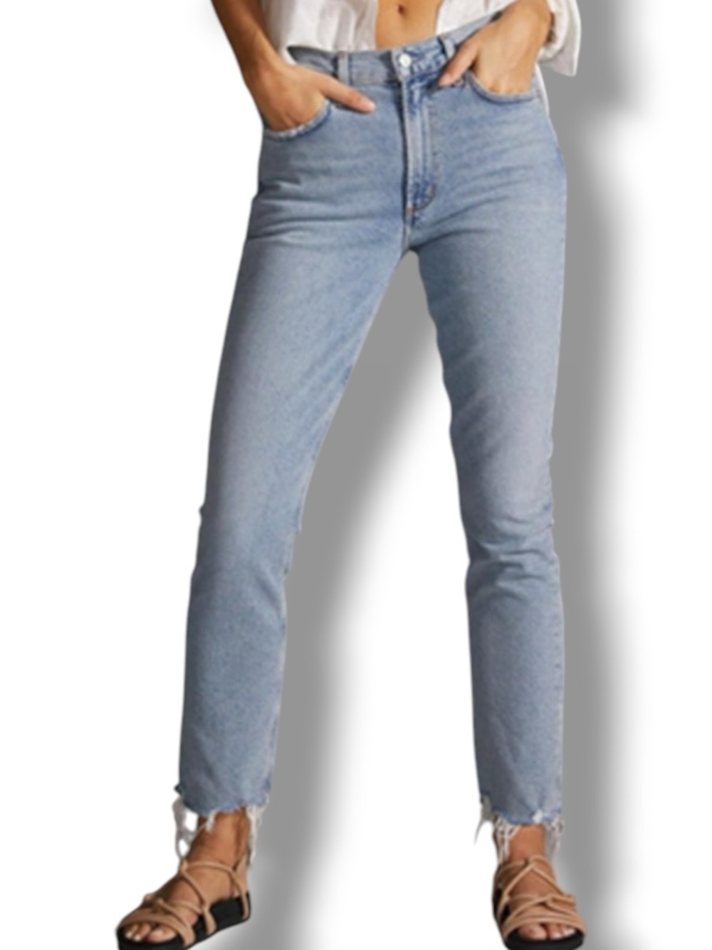 AGOLDE Merrell Mid Rise Slim Straight Jeans Medium Wash Frayed Hem Ankle 29